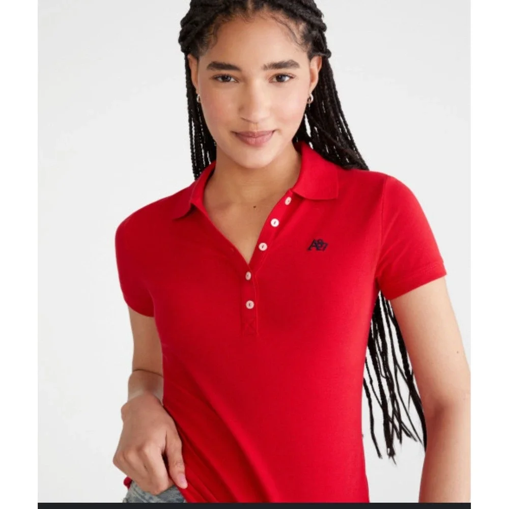 Aeropostale Polo Shirt Womens XL Red Short Sleeve Logo A87 Slim Fit‎ Y2K Preppy
